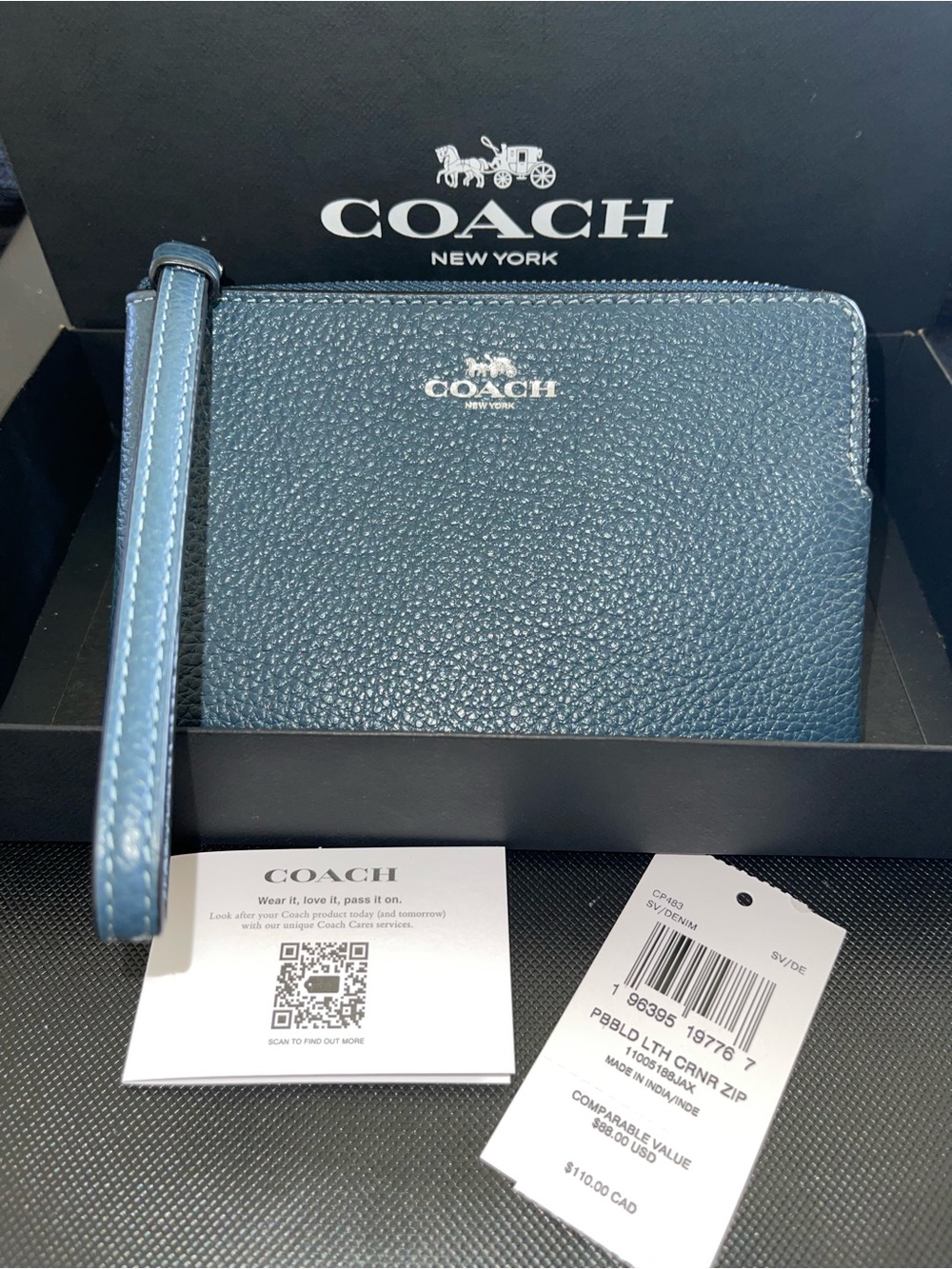NWT Coach Corner Zip Wristlet in Denim
